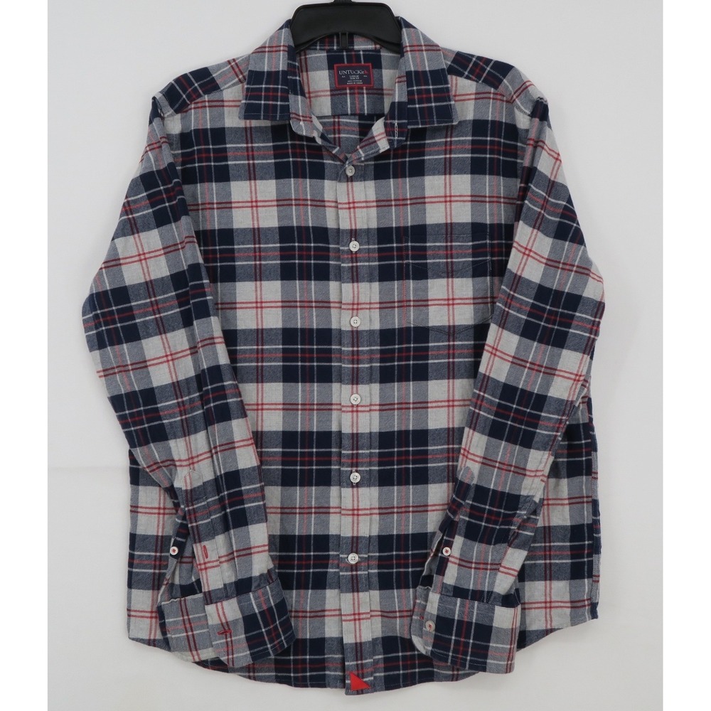 UNTUCKit Men Large Slim Fit Flannel Shirt Navy Grey Red Plaid Long Sleeve Cotton